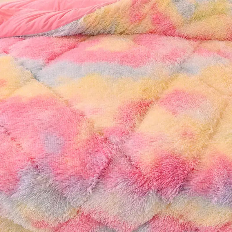 Luxe mink fleece pastel rainbow gradient quilt bedroom blanket