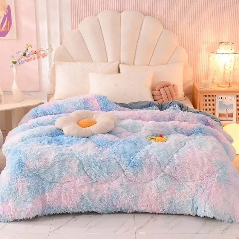 Luxe mink fleece pastel rainbow gradient quilt bedroom blanket