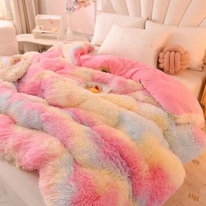 Luxe mink fleece pastel rainbow gradient quilt bedroom blanket