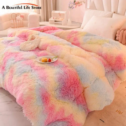 Luxe mink fleece pastel rainbow gradient quilt bedroom blanket