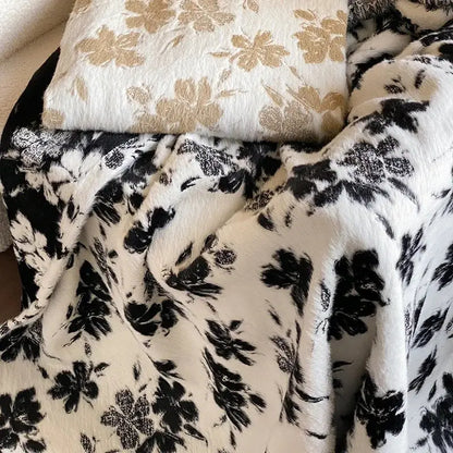 Luxe mink fur jacquard white & black floral blanket bedroom throw