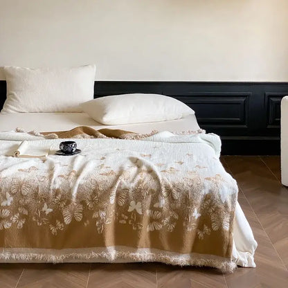 Luxe mink fur jacquard white & black floral blanket bedroom throw