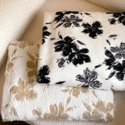 Luxe mink fur jacquard white & black floral blanket bedroom throw