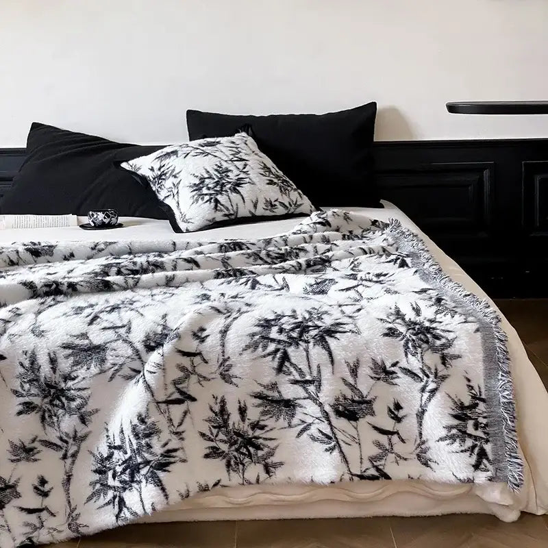 Luxe mink fur jacquard white & black floral blanket bedroom throw