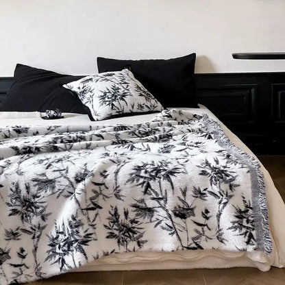 Luxe mink fur jacquard white & black floral blanket bedroom throw