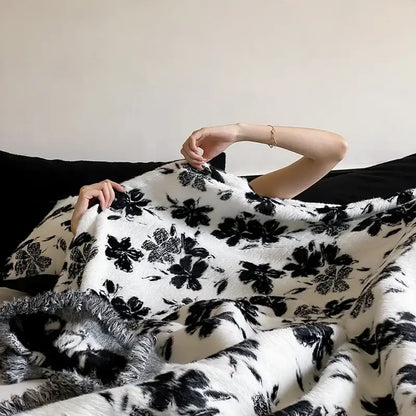 Luxe mink fur jacquard white & black floral blanket bedroom throw