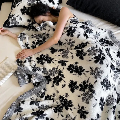 Luxe mink fur jacquard white & black floral blanket bedroom throw