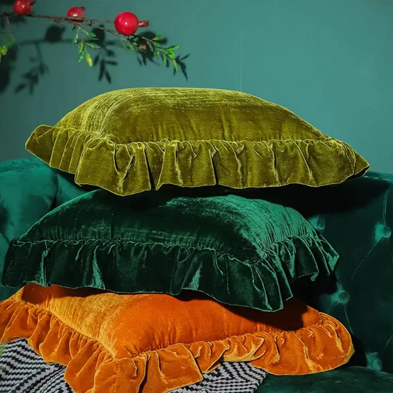 Luxe mustard yellow ruffled velvet euro pillow sham bedroom decor