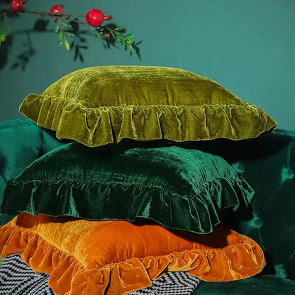 Luxe mustard yellow ruffled velvet euro pillow sham bedroom decor