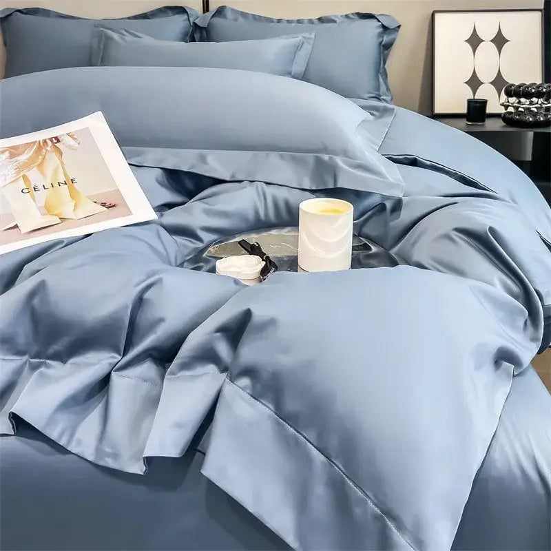 Luxurious light blue satin 3 piece duvet cover bedroom bedding set