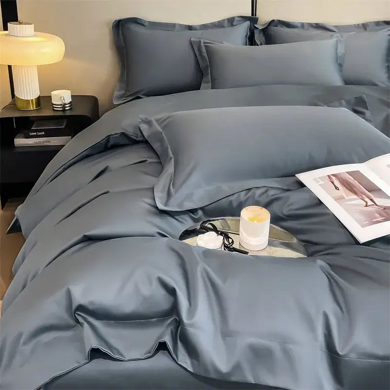 Luxurious light blue satin 3 piece duvet cover bedroom bedding set