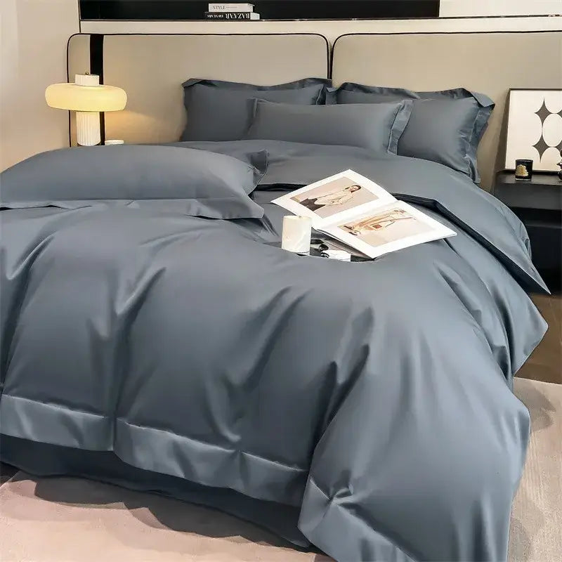 Luxurious gray satin duvet cover set bedroom stitched bedding