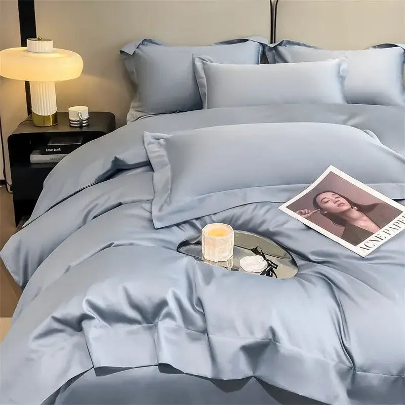 Luxurious light green satin duvet cover set bedroom bedding