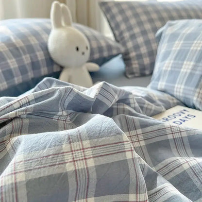 Luxurious blue & white plaid bedding set bedroom duvet cover
