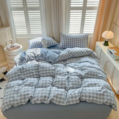Luxurious blue & white plaid bedding set bedroom duvet cover