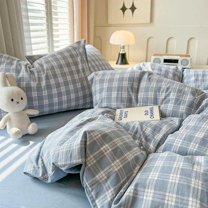 Luxurious blue & white plaid bedding set bedroom duvet cover