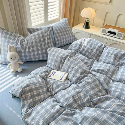 Luxurious blue & white plaid bedding set bedroom duvet cover