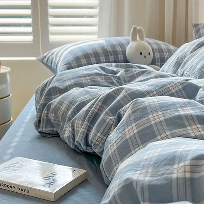 Luxurious blue & white plaid bedding set bedroom duvet cover