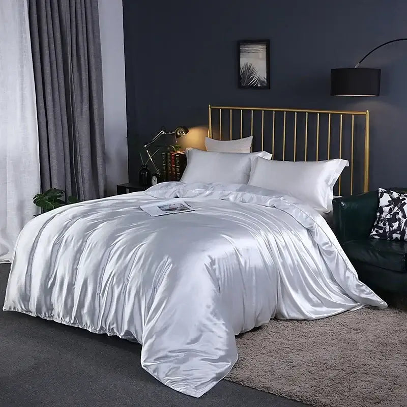 Luxurious white satin duvet cover bedroom bed sheet set