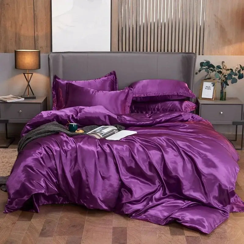 Lustrous purple satin duvet cover and bed sheet set bedroom bedding