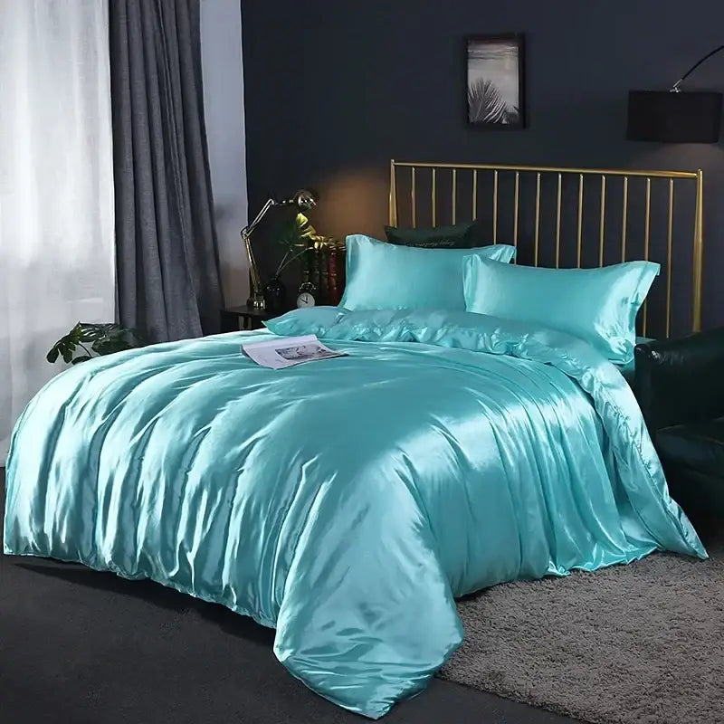 Luxurious turquoise satin bed sheet set bedroom duvet cover
