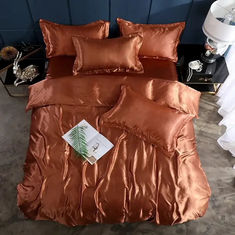 Luxurious copper satin duvet cover and bed sheet set bedroom