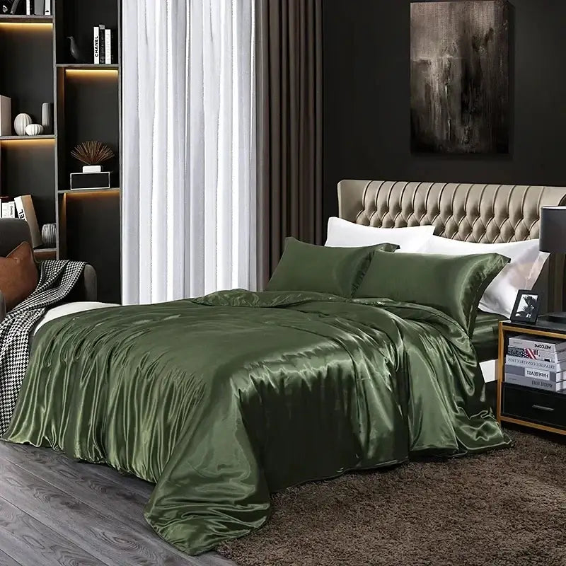 Luxurious olive green satin duvet cover set bedroom bed sheet