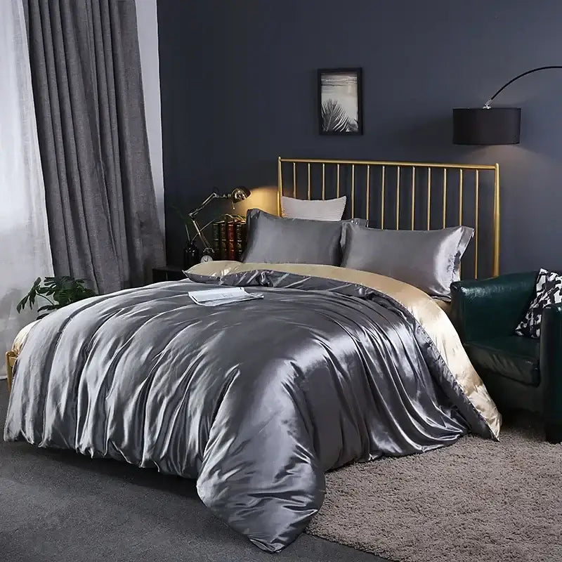 Luxurious metallic gray & gold satin duvet cover bedroom bed sheet