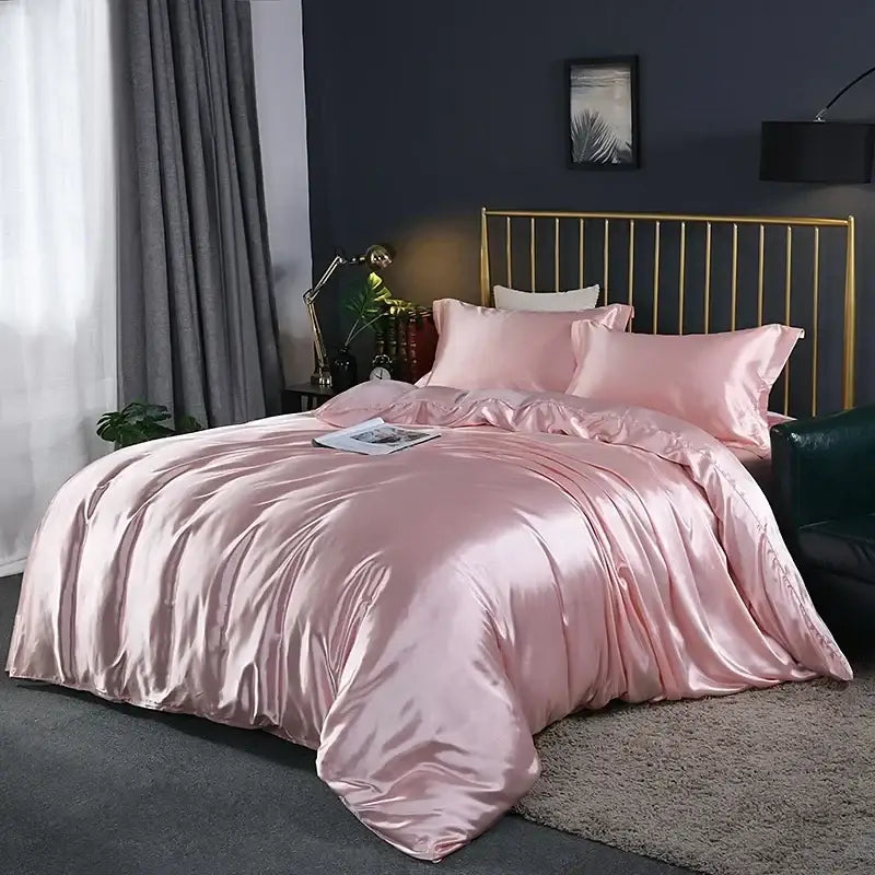 Luxurious pink satin duvet cover bedding set bedroom