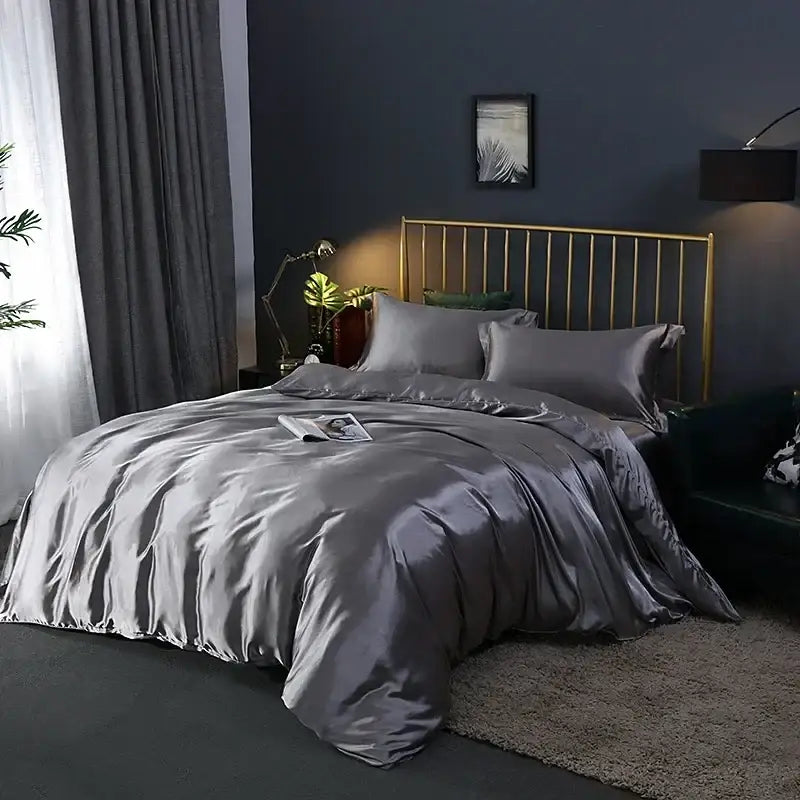 Luxurious gray silk satin duvet cover set bedroom bedding