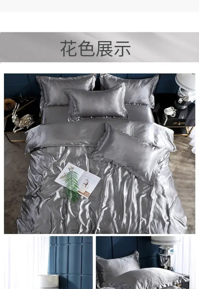 Luxurious crimson satin duvet cover and bed sheet bedroom set