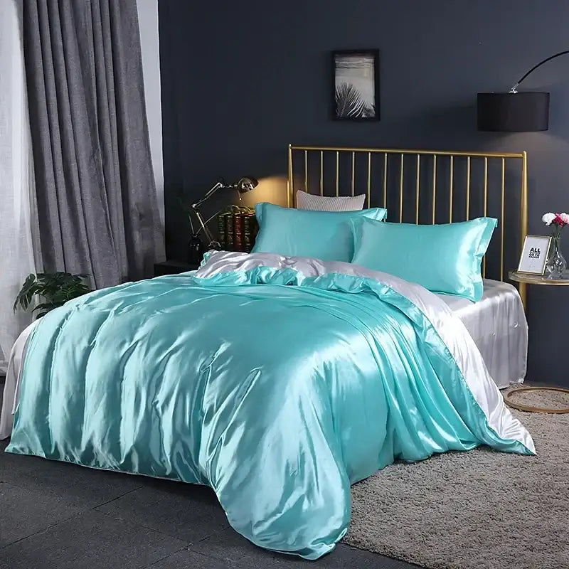 Luxurious turquoise satin duvet cover bedding set for bedroom