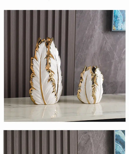 Luxurious gold ceramic feather vase white & gold living room decor