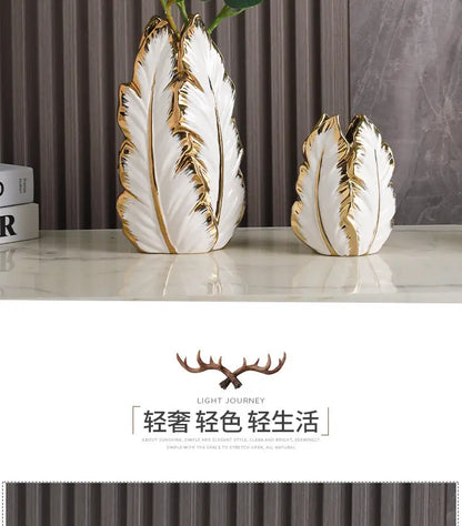 Luxurious gold ceramic feather vase white & gold living room decor