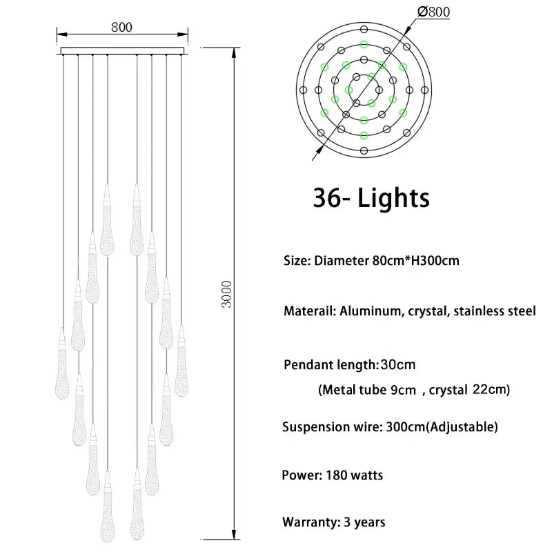 Modern gold crystal light chandelier staircase cascading glass teardrop