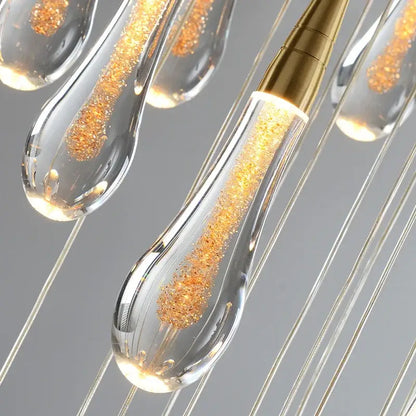 Modern gold crystal light chandelier staircase cascading glass teardrop