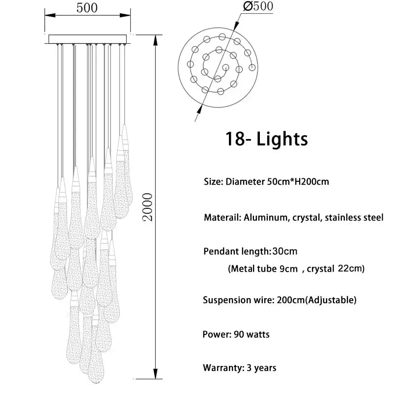 Modern gold crystal light chandelier staircase cascading glass teardrop