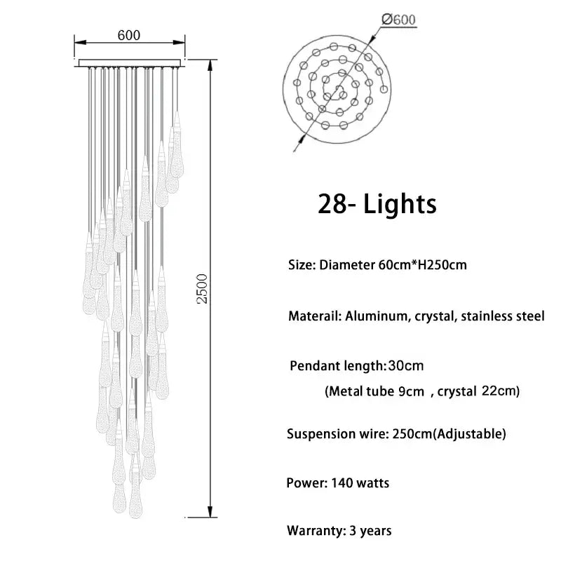 Modern gold crystal light chandelier staircase cascading glass teardrop