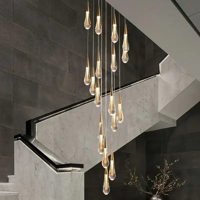 Modern gold crystal light chandelier staircase cascading glass teardrop