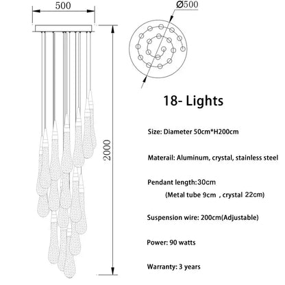 Modern gold crystal light chandelier staircase cascading glass teardrop