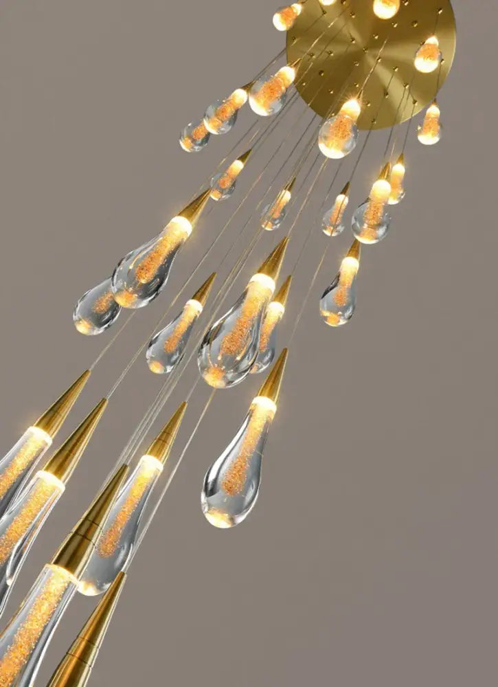 Modern gold crystal light chandelier staircase cascading glass teardrop