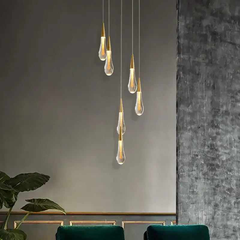 Modern gold crystal light chandelier staircase cascading glass teardrop