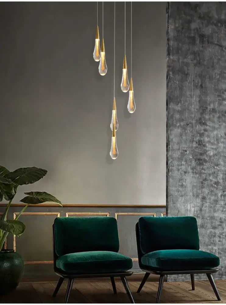 Modern gold crystal light chandelier staircase cascading glass teardrop
