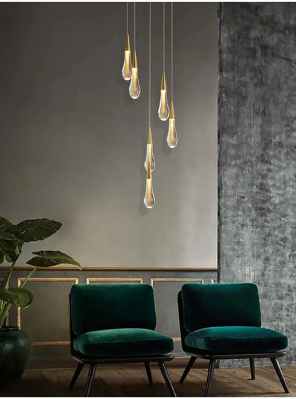Modern gold crystal light chandelier staircase cascading glass teardrop
