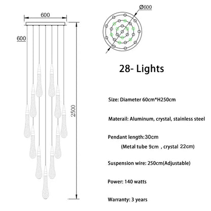 Modern gold crystal light chandelier staircase cascading glass teardrop