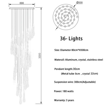 Modern gold crystal light chandelier staircase cascading glass teardrop