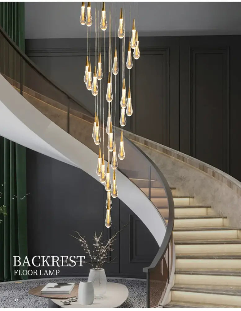 Modern gold crystal light chandelier staircase cascading glass teardrop