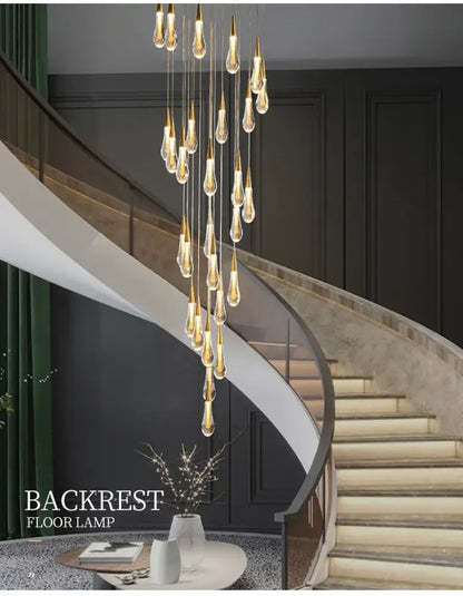 Modern gold crystal light chandelier staircase cascading glass teardrop