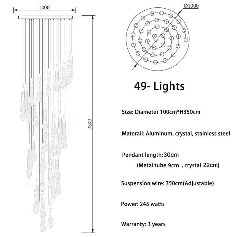 Modern gold crystal light chandelier staircase cascading glass teardrop