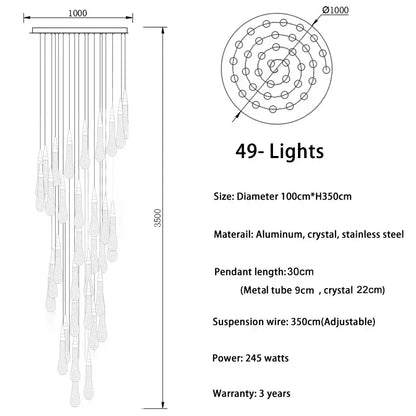 Modern gold crystal light chandelier staircase cascading glass teardrop